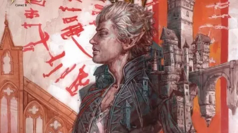 Man with spiked blond hair, wearing a dark, armored vest over a torn shirt, stands in a gothic cityscape. Red blood-like streaks and symbols appear in the sky. Title reads "Baldur’s Gate". Small label shows "Cover B" and issue number "1".