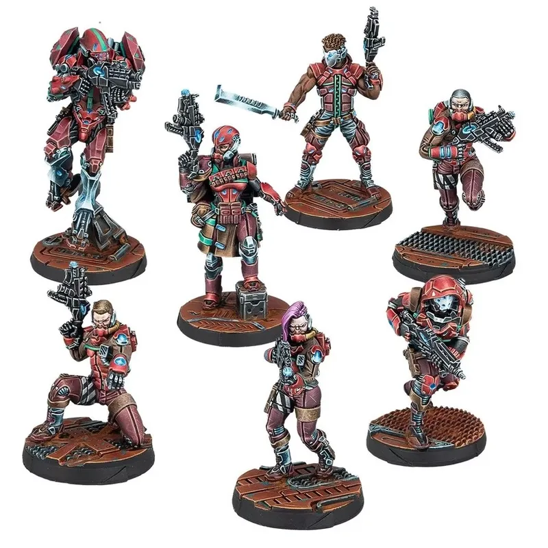 A collection of seven miniatures from the Nomads faction in the Infinity miniatures game, showcasing a cyberpunk aesthetic. The figures include three Gatta Alguaciles armed with Submachine Guns, a Corregidor Bandit, a Bearcat Paramedic, a Territorial, and a Vigilante, each with distinct poses and weaponry. The miniatures are painted in vibrant colors, primarily featuring red and teal accents, set against textured bases that enhance their dynamic appearance.