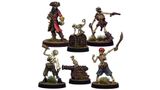A set of five miniatures features a quartet of Skeleton Pirates and their companions. The swashbuckling captain stands prominently, dressed in a red coat and tricorn hat, while a skeletal monkey perches on a treasure chest beside him. The crew includes three additional skeletons: one holding a bottle, another brandishing a sword, and the last aiming a pistol, with a skeletal parrot sitting atop a cannon.