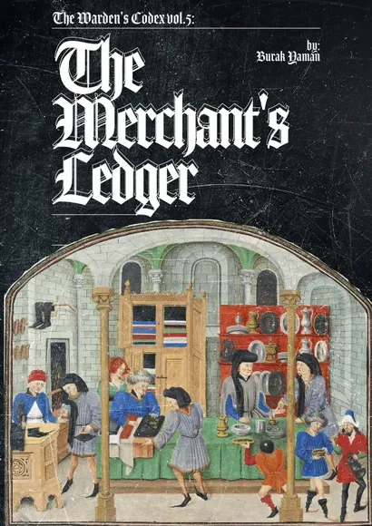 "The Merchant's Ledger" text above a medieval shop scene with people and goods.