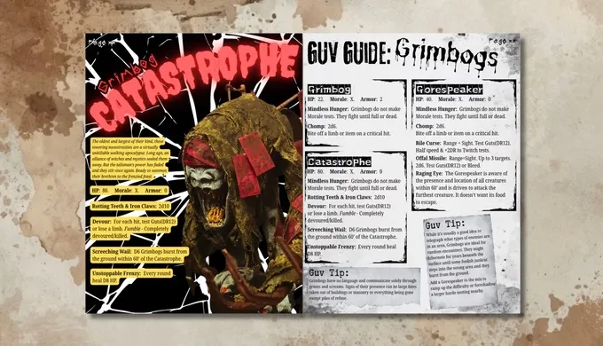 A skeletal figure in tattered robes with a red bandana, next to a guide page titled "GUV GUIDE: Grimbo".