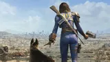 A lone vault dweller stands with their back to the viewer, gazing out over a desolate wasteland, accompanied by a dog. The character is dressed in a blue jumpsuit with a yellow stripe, equipped with a rifle slung across their back and a pistol in hand. In the background, a ruined cityscape is visible under a cloudy sky, emphasizing the post-apocalyptic setting. The text "A SOLO ROLEPLAYING GAME" is prominently displayed at the bottom.