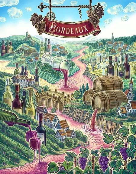 A vibrant, illustrated scene of the Bordeaux wine region. Rolling green vineyards stretch across the landscape, dotted with small houses and a stone aqueduct. A winding river flows through the center, with red wine pouring from bottles and barrels into the water. Multiple wine bottles, glasses, and wooden barrels are scattered throughout the scene. In the background, a village with houses and a church sits among the hills. A decorative banner at the top reads "Bordeaux," flanked by grape clusters.