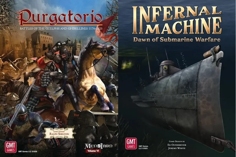 The image features two board game covers side by side. On the left, "Purgatorio: Battles of the Guelphs and Ghibellines 1176-1325" showcases a dramatic scene with armored knights engaged in battle, set against a backdrop of a medieval castle and a cloudy sky. On the right, "Infernal Machine: Dawn of Submarine Warfare" presents a dark underwater scene featuring a submarine, with faint light illuminating the water and hints of a shipwreck in the background. Both covers highlight the historical themes of their respective games.