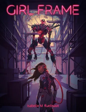 A stylized digital illustration of two characters in a futuristic or industrial setting. The environment features metal walkways, railings, and structural beams overhead, illuminated by red and purple neon lights. Suspended from the ceiling are two figures resembling humanoid robots or cyborgs with mechanical limbs, glowing red eyes, and exposed wiring or tubing.

In the foreground, a person with long dark hair, wearing a white and gray outfit with red circular patterns, stands on the walkway. Their arms are outstretched, and a red energy trail or ribbon extends from one hand. The person’s expression appears determined or intense. No readable text is visible in the image.