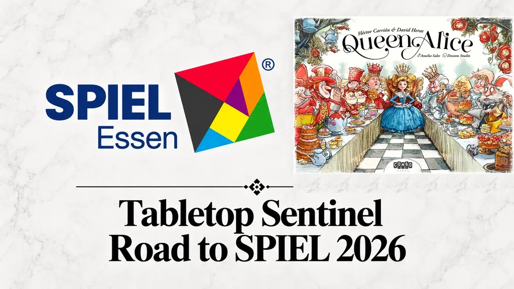 "Queen Alice" comic cover with chess-themed characters at a banquet, colorful logo, and text "Tabletop Sentinel Road to SPIEL 2026"