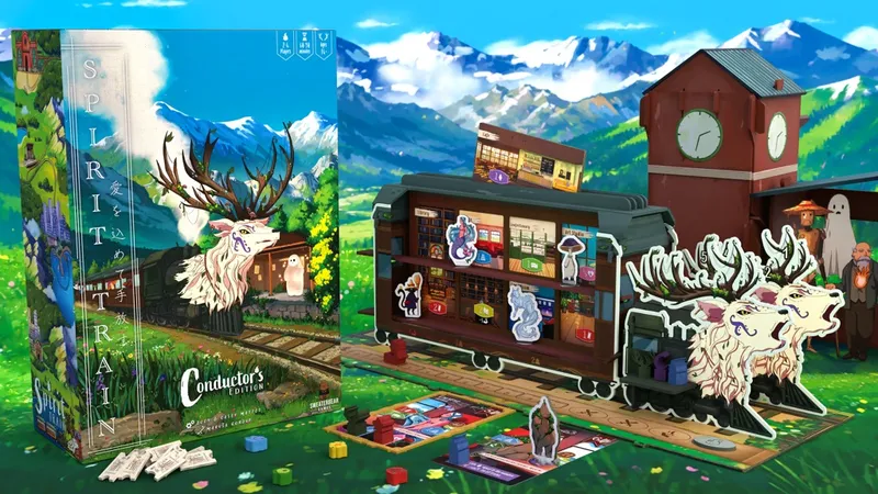 A train with antlered car, clock tower, mountains, and game cards on grass.