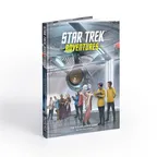 A hardcover book titled "Star Trek Adventures: The Roleplaying Game Species Sourcebook" is prominently displayed, featuring a colorful cover illustration. The scene depicts a diverse group of characters, including various alien species and Starfleet officers, gathered in a futuristic setting resembling a starship interior. The background showcases sleek technology and a large circular device, emphasizing the sci-fi theme of the Star Trek universe.