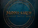 The image features the title "MIDDLE-EARTH STRATEGY BATTLE GAME" prominently displayed in a bold, stylized font, set against a textured dark blue background. Surrounding the title is a circular design that includes intricate, golden script, reminiscent of Tolkien's lore. The overall aesthetic conveys a sense of adventure and fantasy, aligning with the themes of the game.