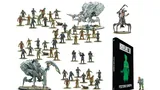A collection of miniatures from Warlord Games' Konflikt ’47 is displayed, featuring various figures including soldiers, zombies, and mechanical creatures. Prominently featured is the book titled "Konflikt ’47: Festung Europa," which showcases a green silhouette on its cover. Among the miniatures, a notable figure in powered armor and a mechanical creature stand out, highlighting the game's unique blend of historical and fantastical elements.