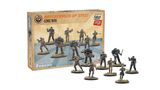 A box labeled "Brotherhood of Steel Core Box" prominently displays eight 32mm scale miniatures from the Fallout universe, featuring a mix of characters including a Paladin and Knight in power armor, Field Scribes, and Brotherhood of Steel members. The miniatures are arranged on a light blue background, with detailed bases that include tufts of grass. The box design incorporates the Fallout logo and highlights the contents, emphasizing the high-quality, multi-part, hard plastic nature of the miniatures.