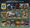A colorful release roadmap showcases upcoming titles from Chaosium for Q3 and Q4 of 2026. The top row features covers for "Elfquest," "Dead Letter," "Innsmouth," "Keeper Tips," "No Place Like Home," and "The Boy King," all set for release in July and August. The bottom row includes "Creó," "Lands of RuneQuest," "Age of Vikings Companion," and various Call of Cthulhu titles, with several scheduled for October and November, including "Cthulhu by Gaslight" and "Tools of the Trade."