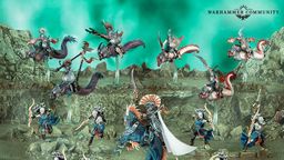 A dynamic scene showcases a variety of Idoneth Deepkin models, featuring a central figure, the Ikon of the Sea, with a flowing white banner and intricate armor, surrounded by other aelves in vibrant blue and orange hues. Several mounted warriors ride sleek sea creatures, while others stand poised with weapons, all set against a textured, rocky underwater backdrop with a greenish hue. The composition highlights the diverse range of new models, including the Akhelian Tide Guard and Namarti Reavers, emphasizing their aquatic theme and battle-ready stance.