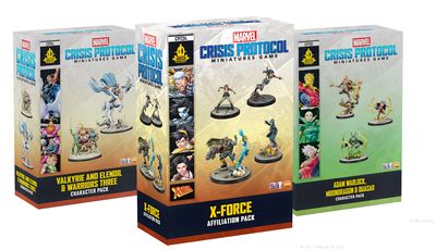 Three boxes of the "Marvel Crisis Protocol Miniatures Game" are displayed. The central box features the "X-Force Affiliation Pack," showcasing miniatures of characters like Cable and Domino, with vibrant colors and dynamic poses. The other two boxes on either side include "Adam Warlock & Moondragon" and "X-23," each adorned with artwork of their respective characters and game branding.