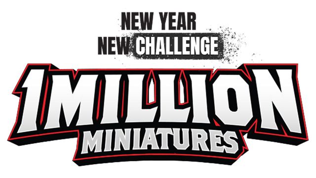The image features bold, stylized text that reads "MILLION MINIATURES" prominently in the center, with a dynamic design that includes sharp edges and a black and red color scheme. Above this, the phrases "NEW YEAR" and "NEW CHALLENGE" are displayed in a smaller font, emphasizing a fresh start or initiative. The overall design conveys excitement and energy, suitable for a gaming or hobby context.