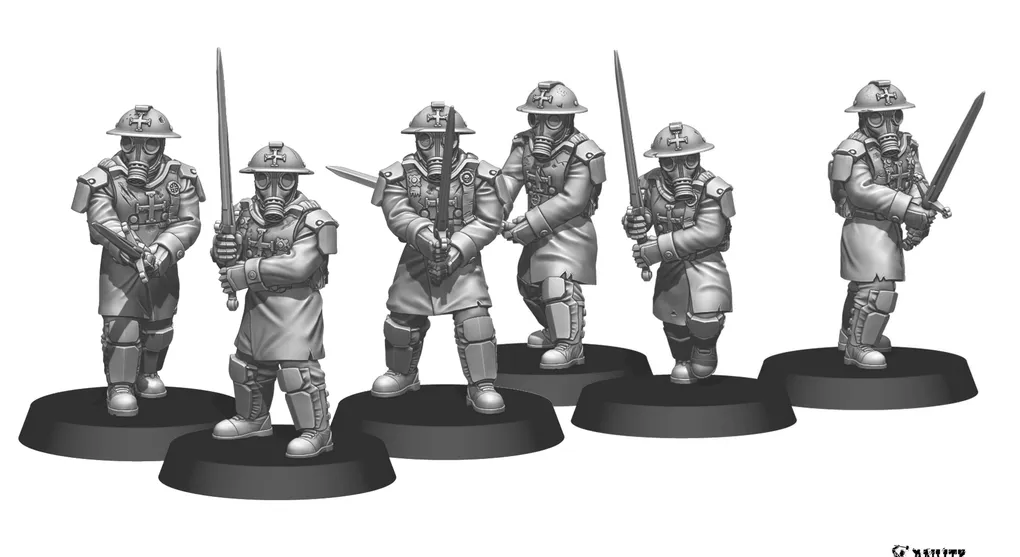 A group of four 28mm scale miniatures, known as Trench Raiders, are depicted in a grayscale design. Each figure is wearing a Brodie helmet with an integrated gas mask and is dressed in long coats, showcasing a variety of poses. They are armed with different weapons, including a sword and a firearm, and stand on circular bases, emphasizing their versatility for various gaming scenarios.