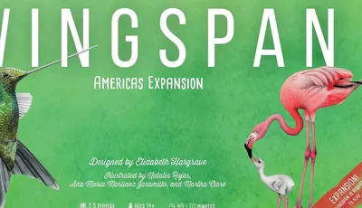 A vibrant green background features the title "WINGS PAN" prominently at the top, with "Americas Expansion" below it. To the right, a pink flamingo is depicted interacting with a smaller bird, while a long, slender bird with a dark feathered wing is shown on the left. The design credits are listed at the bottom, highlighting the creators and illustrators involved in the expansion.