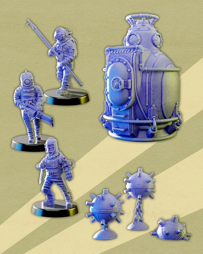 Blue diving suit miniatures and spherical objects on a light background.