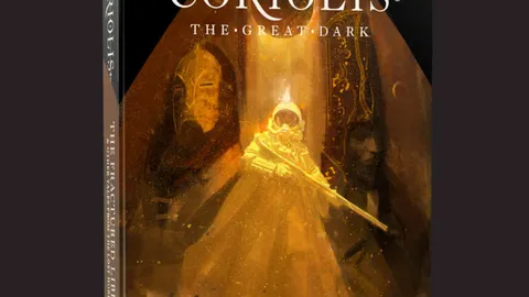 A book titled "Coriolis: The Great Dark - The Fractured Library & Other Tales From the Last Horizon" is displayed against a dark background. The cover features an ethereal illustration of a cloaked figure holding a weapon, surrounded by abstract shapes and hints of celestial elements. The title and subtitle are prominently displayed in bold, white text at the top and bottom of the cover, emphasizing the adventurous themes of the science fiction roleplaying game.
