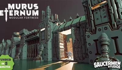 A detailed 3D model of the Murus Eternum Modular Fortress, showcasing its imposing structure with tall walls and a large, open gate. The fortress features intricate designs, including pipes and mechanical elements, with a sci-fi aesthetic. A miniature figure in a white suit is positioned near the entrance, emphasizing the scale of the fortress.