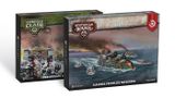 Two boxed sets are displayed side by side. On the left, the "Armoured Clash" box features artwork depicting soldiers with heavy weaponry, hinting at the Commonwealth Heavy Regiment. The right box, labeled "Dystopian Wars," showcases a fleet of ships, including the Japanese Frontline Squadrons, navigating turbulent waters with smoke rising in the background. Both boxes are designed with vibrant colors and detailed illustrations, emphasizing their respective themes.