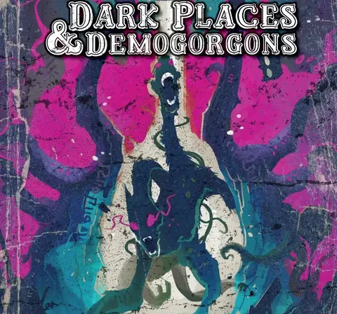 Dark Places & Demogorgons text over colorful graffiti and a shadowy figure.