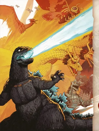 A dynamic illustration features Godzilla prominently in the foreground, unleashing a powerful atomic breath. Behind him, King Ghidorah soars with its three heads, while Mothra and Rodan are depicted in flight above. The game's title, "King of Tokyo Godzilla," is displayed prominently, along with the IELLO logo and player information in the top corner. The background is filled with vibrant colors, creating an intense atmosphere of battle among the iconic Kaijus.