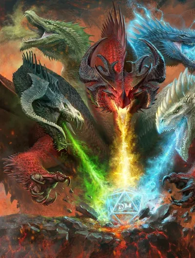 A dramatic illustration features five dragons emerging from a volcanic landscape, each representing a different elemental color: red, blue, green, black, and white. The dragons are depicted with fierce expressions, and they are breathing streams of colored energy—red, blue, green, and yellow—into a central glowing D20 die, which is emblazoned with the letters "DM." The background is filled with fiery and smoky textures, enhancing the intense atmosphere of the scene.