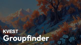 A serene landscape features majestic mountains in the background, adorned with autumn foliage in shades of orange and red. In the foreground, a figure sits on a rocky outcrop, gazing at the scenery, which includes a winding path and patches of snow. The text "KVEST Groupfinder" is prominently displayed at the bottom, emphasizing the platform's focus on connecting tabletop RPG players and game masters.