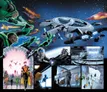A comic panel collage with superheroes in space, a spaceship, and various action scenes.