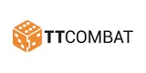 The image features the TT Combat logo, which consists of the letters "TT" in bold black font next to the word "COMBAT" in a similar style. An orange die with white dots is positioned to the left of the text, adding a playful element to the design. The overall look is clean and modern, reflecting the brand's focus on tabletop gaming.