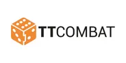 The image features the TT Combat logo, which consists of the letters "TT" in bold black font next to the word "COMBAT" in a similar style. An orange die with white dots is positioned to the left of the text, adding a playful element to the design. The overall look is clean and modern, reflecting the brand's focus on tabletop gaming.