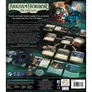The back cover of the "Arkham Horror: The Card Game" Chapter Two Core Set features a dark and atmospheric design, highlighting the game's themes of mystery and horror. Prominently displayed is the title "Arkham Horror: The Card Game" along with a quote from H.P. Lovecraft. The layout includes various game components, such as investigator cards, tokens, and scenario cards, arranged in a visually engaging manner. A character, depicted with a vintage magnifying glass, adds a sense of intrigue, while the text outlines the cooperative gameplay and the new content available in this edition.