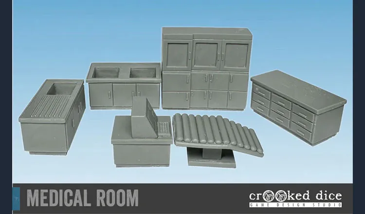 A collection of six gray resin terrain pieces designed for a sci-fi medical room is displayed. The set includes a countertop with a sink, a tall storage cabinet with doors, a lower cabinet, a desk with a computer, a rolling examination table, and a long, narrow table with a ribbed surface. The pieces are intricately detailed, showcasing a functional and sterile environment suitable for tabletop gaming.