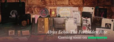 A collection of various themed props and materials is displayed on a dark surface, showcasing the upcoming Kickstarter project "Abyss Echo: The Forbidden Rite." The assortment includes intricately designed books, sealed letters, and occult artifacts, all contributing to a mysterious atmosphere. The text "Abyss Echo: The Forbidden Rite" and "Coming soon on KICKSTARTER" is prominently featured, inviting players to engage in a chilling Cthulhu Mythos adventure.