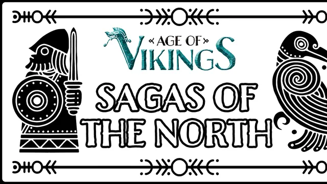 A stylized illustration features a Viking warrior wearing a helmet and holding a round shield, depicted in black against a white background. Above the warrior, the title "AGE OF VIKINGS" is displayed in a bold, turquoise font, while below, the words "SAGAS OF THE NORTH" are presented in a playful, black typeface. Decorative elements, including arrows and patterns, frame the image, enhancing its thematic connection to Viking culture.