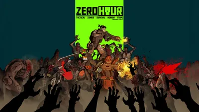 Cover art for Zero Hour: a green banner with white text reading "ZERO HOUR" and "TACTICAL ZOMBIE SURVIVAL HORROR TRAPE." Below, a chaotic scene of undead figures attacking two armored mercenaries—one wielding a sword, the other a firearm—amid ruins.