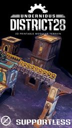 A detailed scene showcases a modular sci-fi terrain setup from the UnderNidus District 28 Kickstarter, featuring various stackable structures designed for tabletop gaming. The terrain includes multiple buildings with intricate details, such as weathered walls and colorful accents, connected by yellow walkways and bridges. In the foreground, several miniature figures are positioned, enhancing the scale and immersive quality of the scene.