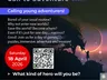 A promotional graphic for the Dragonmeet Call to Adventure event features a dramatic illustration of a dragon silhouetted against a cosmic background with stars and planets. The text invites young adventurers to join a day of games, puzzles, and immersive experiences, highlighting the event's date, Saturday, 18 April 2026, along with a QR code for ticket access. The design includes playful elements and a vibrant color scheme, emphasizing the adventurous theme.