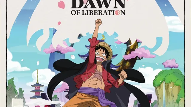 A vibrant illustration features a character from One Piece, wearing a straw hat and a red open shirt, joyfully raising one arm in celebration. The background depicts a colorful Wano landscape with traditional Japanese architecture, including pagodas and bridges, surrounded by lush greenery and pink clouds. The title "ONE PIECE: DAWN OF LIBERATION" is prominently displayed at the top, along with details indicating the game is for 1-4 players, has a playtime of 180 minutes, and is suitable for ages 14 and up.