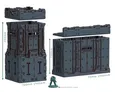 A modular 3D printable fortress system designed for sci-fi tabletop games, featuring various components such as walls, towers, and removable rooftops. The fortress includes a tall tower measuring 200mm and walls that are 130mm high, with dimensions for the wall sections being 200mm by 70mm and the tower sections 100mm by 100mm. A miniature figure on a 32mm base is included for scale, highlighting the impressive size of the fortress elements.