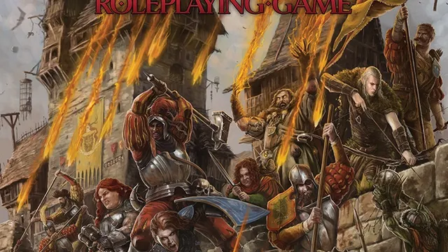 Warhammer: The Old World logo at the top in ornate gold and red lettering. Beneath it, the words “Roleplaying Game” in red capital letters. A fantasy battle scene shows a group of armored warriors and adventurers charging forward. Some wear plate armor, others leather or chainmail, and they carry swords, axes, shields, and spears. One figure in the foreground wields a flaming torch. A woman with red hair and a green cloak raises a sword. Several banners with gold trim and heraldic designs wave above them. In the background, a stone building with arched windows and a tower stands against a cloudy sky. At the bottom, the words “Talagaad Adventures” in white capital letters.
