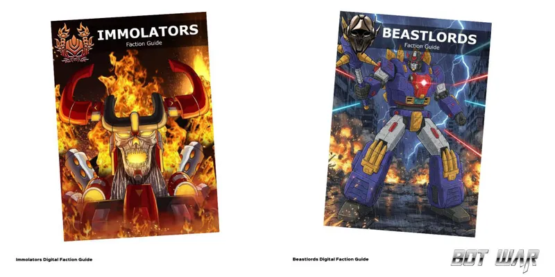 The image features two digital faction guides side by side. On the left, the "IMMOLATORS" guide showcases a fierce, horned character with a skull-like face, set against a fiery background, emphasizing a dramatic and intense theme. On the right, the "Beastlords" guide displays a more naturalistic scene, likely featuring creatures or characters associated with that faction, though specific details are not visible.