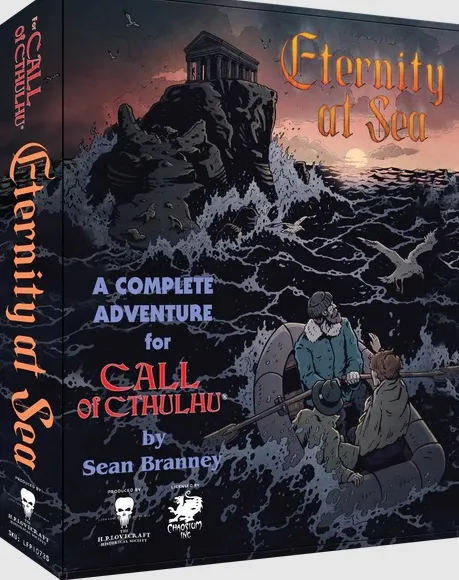 A box titled "Eternity at Sea" features a dramatic illustration of a rocky coastline with a dark, ominous building perched atop a cliff, surrounded by turbulent waves and seagulls in flight. Two figures in a small boat are depicted in the foreground, navigating the choppy waters, while the title and subtitle highlight it as a complete adventure for the Call of Cthulhu roleplaying game. The overall color palette includes deep blues and grays, enhancing the eerie atmosphere of the scene.