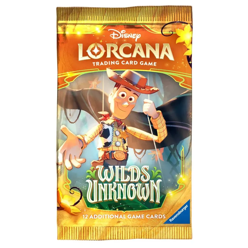 A booster pack for the Disney Lorcana Trading Card Game, titled "Wilds Unknown," prominently features Woody from Toy Story, depicted in a vibrant, animated style. The background includes colorful elements and magical motifs, enhancing the adventurous theme. The text "WILDS UNKNOWN" is displayed prominently, along with the note "12 ADDITIONAL GAME CARDS" at the bottom.