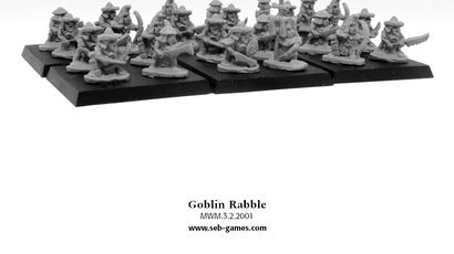 The image features a group of miniature goblins, known as Goblin Rabble, arranged on black bases. These figures are depicted in a variety of poses, showcasing their crude weapons and armor, with some holding spears, swords, and shields. The miniatures are unpainted and made of a light-colored material, emphasizing their detailed sculpting, while a blurred background suggests a chaotic battlefield setting. The logo for "Leviathan: Lords of Havoc" is displayed at the top, indicating the context of the release.