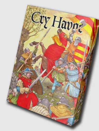 A vibrant box cover for the game "Cry Havoc" features a chaotic medieval battle scene. Various armored figures, including knights and foot soldiers, engage in combat, wielding swords and shields, while a large figure in a red cloak commands attention in the center. The background includes trees and a colorful banner, enhancing the dynamic atmosphere of the artwork.