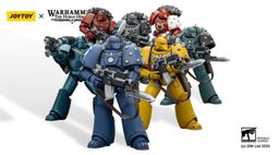 A group of eight tactical space marine action figures stands prominently, showcasing a variety of colors and chapter insignias. The marines are depicted in their original mark of armor, with detailed features and gear, including bolt guns and backpacks. The figures represent popular Warhammer 40k chapters such as the Imperial Fists, Ultramarines, Blood Angels, and Space Wolves, alongside traitorous factions like the Sons of Horus and Alpha Legion.