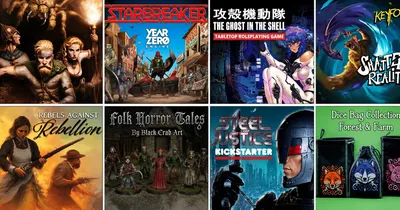 Top left: STARBREAKER, YEAR ZERO ENGINE, street scene with armed figures.
Top right: THE GHOST IN THE SHELL, woman with blue hair and cybernetic body.
Bottom left: Folk Horror Tales, miniatures of robed figures.
Bottom right: STEEL