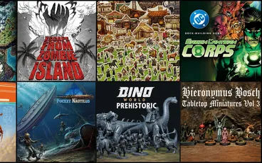 Six tabletop game covers: Zombicide, village scene, Green Lantern, Dino World, Pocket Nautilus, Hieronym.